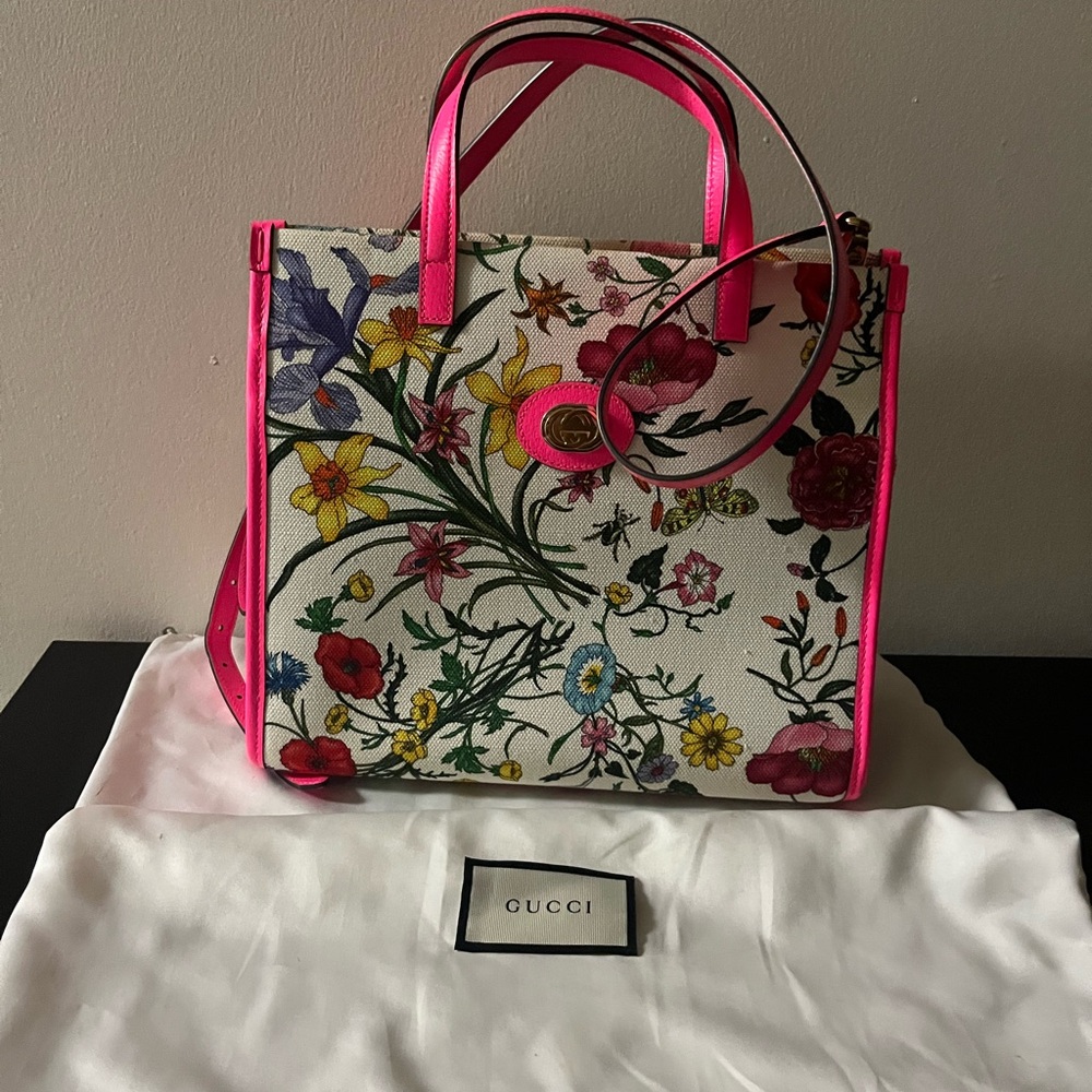 Gucci Pink Leather Medium Flora Canvas Tote Bag